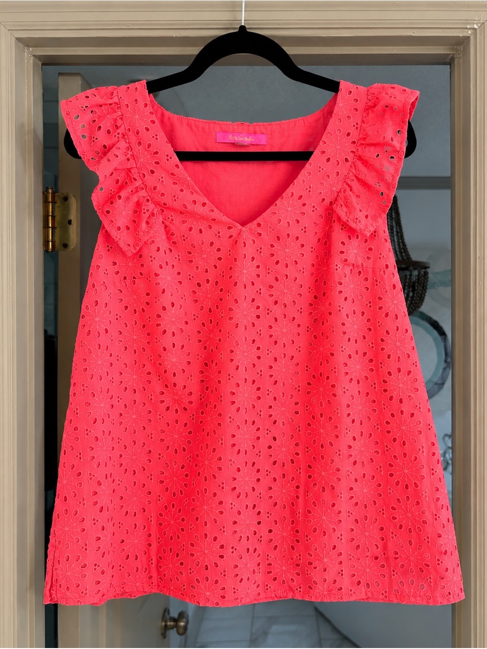 Lilly Pulitzer Lina Eyelet Top Spicy Coral Pink Neon Sunburst M